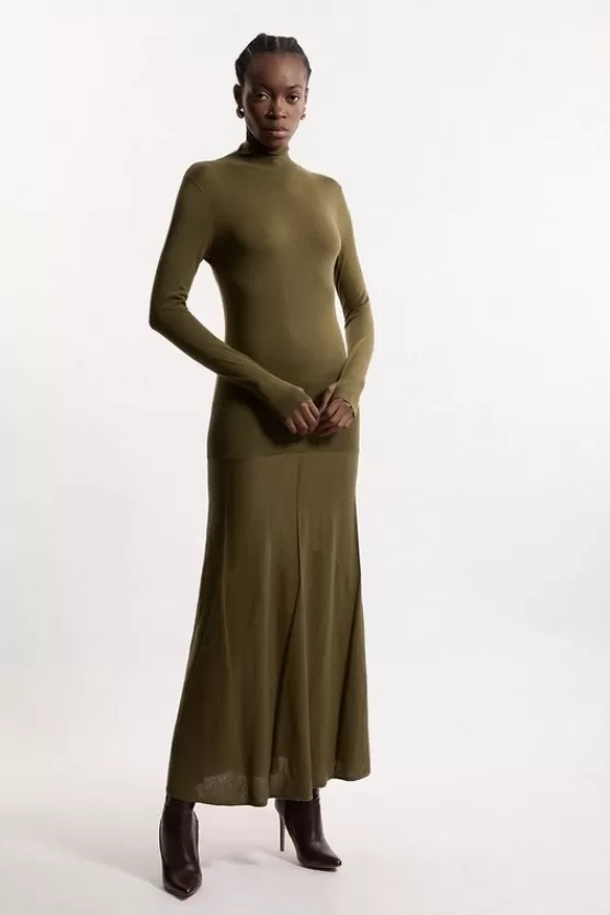 Sale Karen Millen Wool Tencel Full Skirted Maxi Knit Dress olive