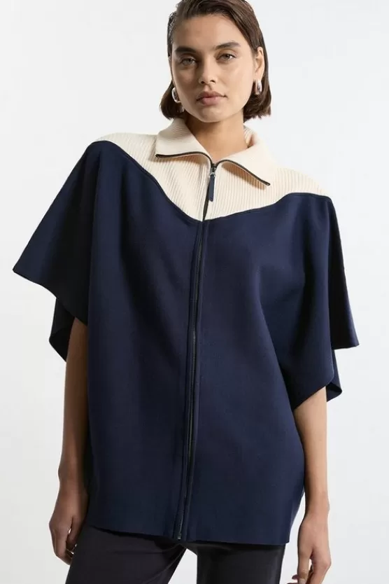 New Karen Millen Zip Through Collared Knit Poncho navy